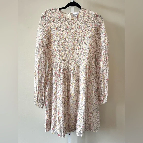Ganni Floral Babydoll Mini Dress Long Sleeve Ditsy Print Pleated